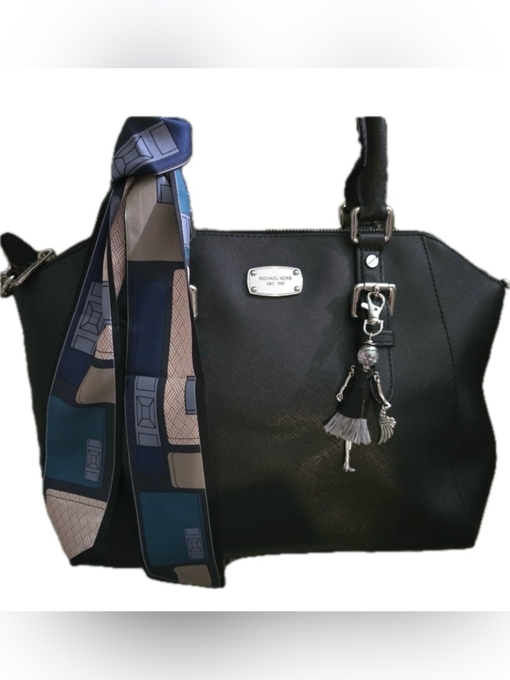 Michael Kors Black Satchel with Blue & Beige Scarf Accent